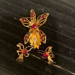 Vintage pin, and earring set set in Ruby